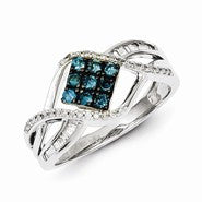 Sterling Silver w/Rhodium Plated Blue & White Diamond Square Ring