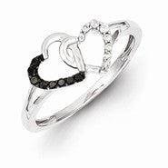 Sterling Silver Black and White Diamond Double Heart Ring