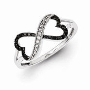 Sterling Silver Black and White Diamond Double Heart Ring