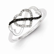 Sterling Silver Black and White Diamond Triple Heart Ring