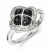 Sterling Silver Black & White Diamond Flower Ring