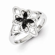 Sterling Silver White & Black Diamond Flower Ring