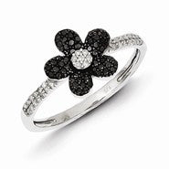 Sterling Silver Black and White Diamond Flower Ring