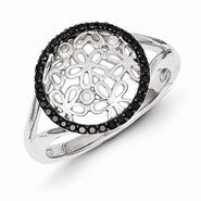 Sterling Silver Black & White Diamond Circle & Flower Ring