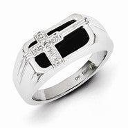 Sterling Silver w/Rhodium Plated Diamond Black Onyx Cross Men's Ring