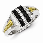 Sterling Silver and Gold Plated Black and White Diamond Men's Ring