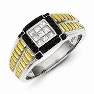 Sterling Silver and Gold Plated Black & White Diamond Men's Ring