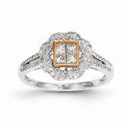 Sterling Silver w/Rhodium Plated & 14k Rose Gold Diamond Round Ring