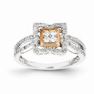 Sterling Silver w/Rhodium Plated & 14k Rose Gold Diamond Square Ring