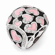 Sterling Silver with CZ and Black & Pink Enameled Hearts Domed Ring