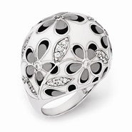 Sterling Silver CZ Black/Grey/White Enameled Flower Domed Ring