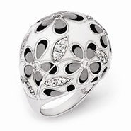 Sterling Silver CZ and Marble Style Enameled Flower Domed Ring