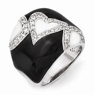 Sterling Silver CZ and White & Black Enameled Hearts Domed Ring