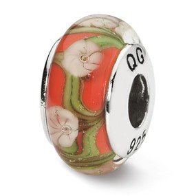 Sterling Silver Red/White Floral Hand-blown Glass Bead Charm hide-image