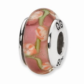 Sterling Silver Pink Floral Hand-blown Glass Bead Charm hide-image