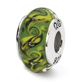 Sterling Silver Green/Yellow Swirl Hand-blown Glass Bead Charm hide-image