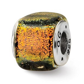 Sterling Silver Orange Dichroic Glass Square Bead Charm hide-image