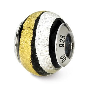 Sterling Silver Silver/Gold/Black Italian Murano Bead Charm hide-image