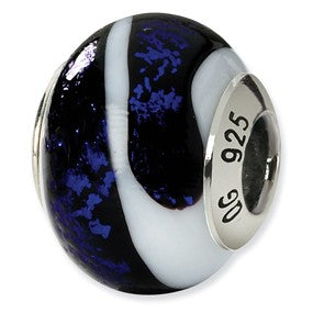 Sterling Silver Black/Blueish Purple/White Italian Murano Bead Charm hide-image