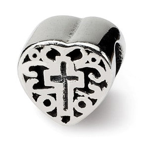 Sterling Silver Kids Heart w/Cross and Scroll Bead Charm hide-image