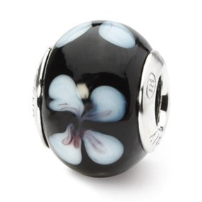 Sterling Silver Black/White Flower Italian Murano Bead Charm hide-image