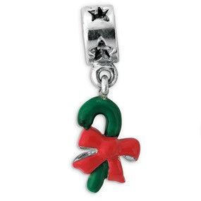 Sterling Silver Green Enameled Candycane Dangle Bead Charm hide-image