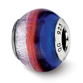 Sterling Silver Dark Blue/Red/Silver Italian Murano Bead Charm hide-image