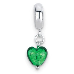 Sterling Silver Green Heart Italian Murano Dangle Bead Charm hide-image