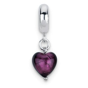 Sterling Silver Purple Heart Italian Murano Dangle Bead Charm hide-image