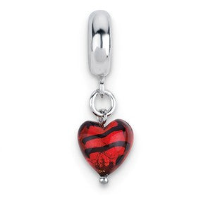 Sterling Silver Red w/Stripes Hrt Ital. Murano Dangle Bead Charm hide-image