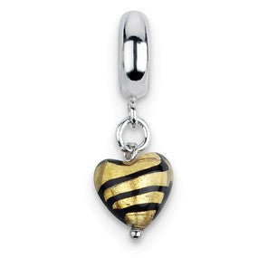 Sterling Silver Heart Gold/Black Stripes Italian Murano Dangle Charm hide-image