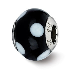 Sterling Silver Black w/White Dots Italian Murano Bead Charm hide-image