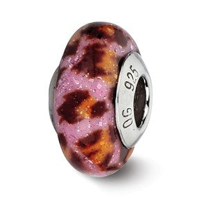 Sterling Silver Pink/Brn Jaguar Glitter Overlay Glass Bead Charm hide-image