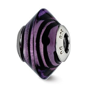 Sterling Silver Purple w/Black Stripes Italian Murano Bead Charm hide-image