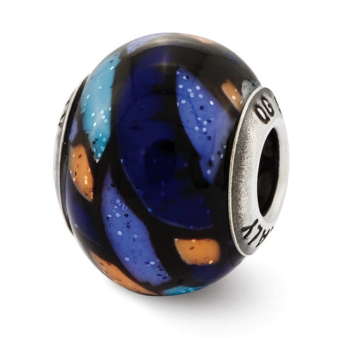 Italian Blue Decorative Overlay Glass Charm Bead in Sterling Silver