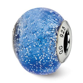 Sterling Silver Italian Blue w/Silver Glitter Glass Bead Charm hide-image