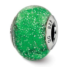 Sterling Silver Italian Green w/Silver Glitter Glass Bead Charm hide-image