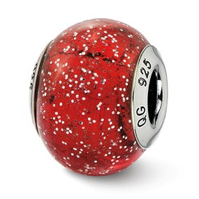 Sterling Silver Italian Red w/Silver Glitter Glass Bead Charm hide-image