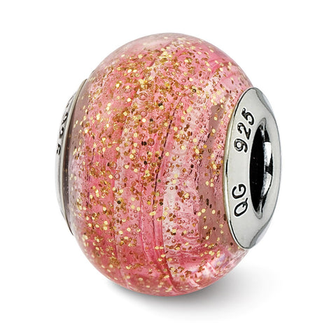 Italian Pink w/Gold Glitter Glass Charm Bead in Sterling Silver