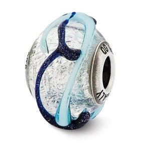 Sterling Silver Italian Silver w/Blue Textured Lines Glass Bead Charm hide-image