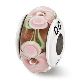 Sterling Silver Light Pink Flower Hand Blown Glass Bead Charm hide-image