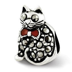 Sterling Silver Marcasite & Enameled Cat Bead Charm hide-image