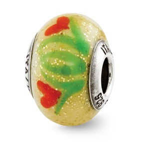 Sterling Silver Yellow w/Orange Flowers Italian Murano Bead Charm hide-image