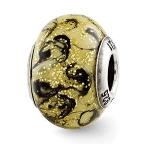 Sterling Silver Yellow w/Black Swirls Italian Murano Bead Charm hide-image