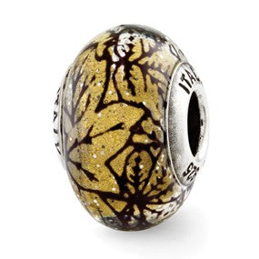 Sterling Silver Yellow w/Black Lines Italian Murano Glass Bead Charm hide-image