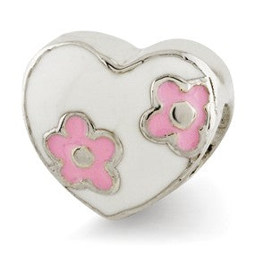 Sterling Silver Kids Enameled Heart w/Pink Flowers Bead Charm hide-image