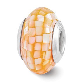 Sterling Silver Light Orange Mother of Pearl Mosaic Bead Charm hide-image