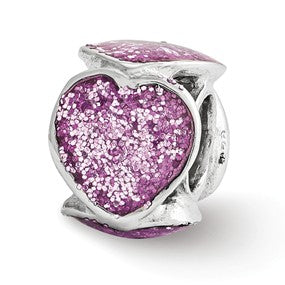 Sterling Silver Violet Glitter Enameled Heart Bead Charm hide-image