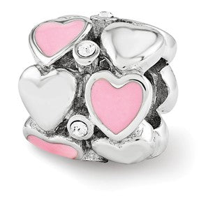 Sterling Silver Pink Enameled w/ Swarovski Elements Hearts Bea Charm hide-image