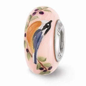 Sterling Silver Pink Hand Painted Nuthatch Glass Bead Charm hide-image